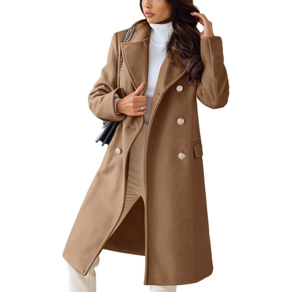 Women's Camel Winter Jacket Double-Breasted Wool Blend Warm Long Trench Coat - Picture 1 of 6